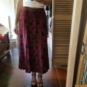 Laura Scott Burgundy Floral Midi Skirt with Black Print